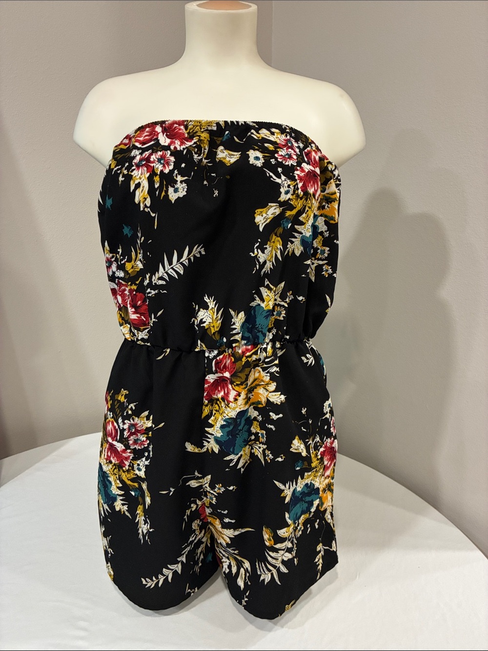 Floral Strapless Romper in Black with Red & Teal Blooms